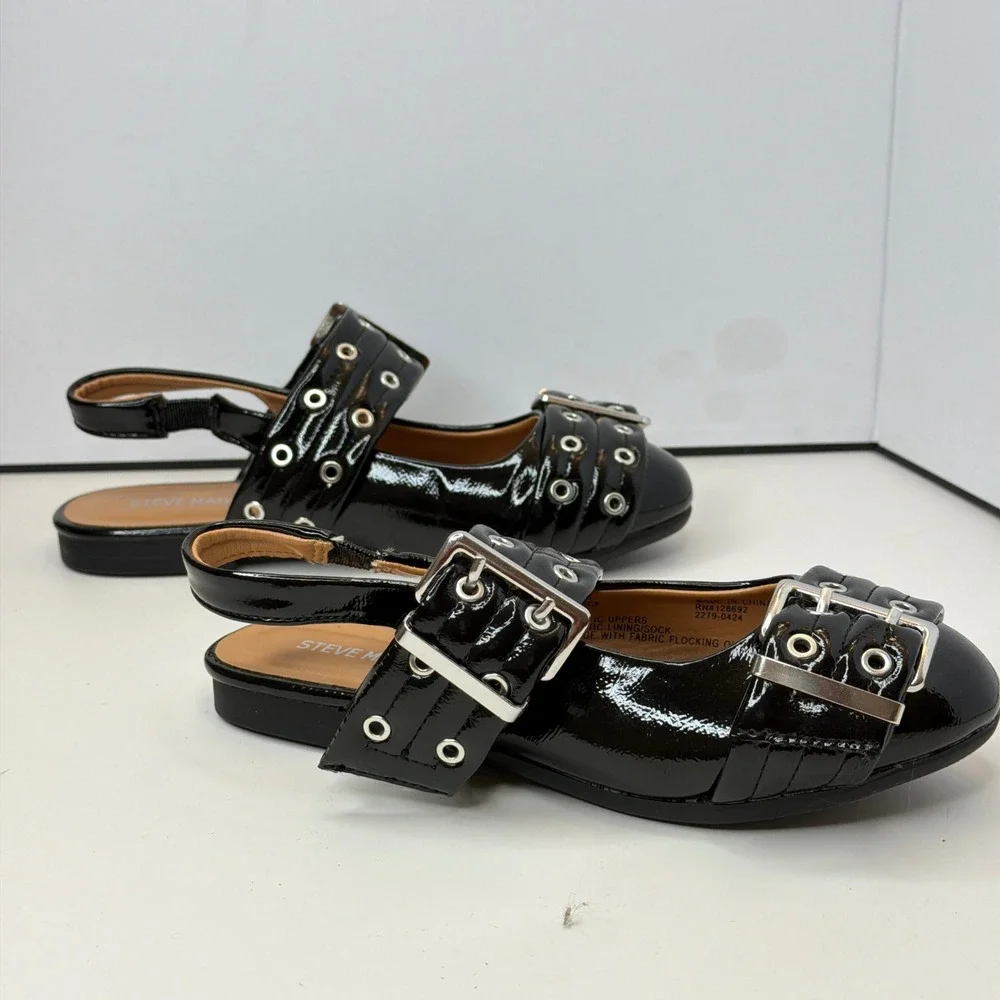 Steve Madden JGRAYAA Kids Black Patent Slingback Buckle Grommet Flats Size 1